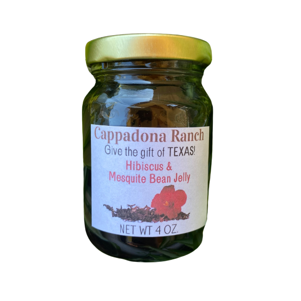 Hibiscus and Mesquite Bean Jelly in 4oz glass jar with white background, Cappadona Ranch