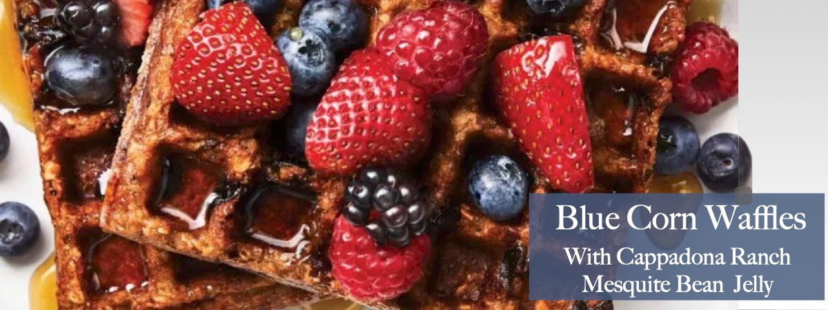 Blue Corn Waffles Topped With Cappadona Ranch Mesquite Bean Jelly with Chilli Pequin