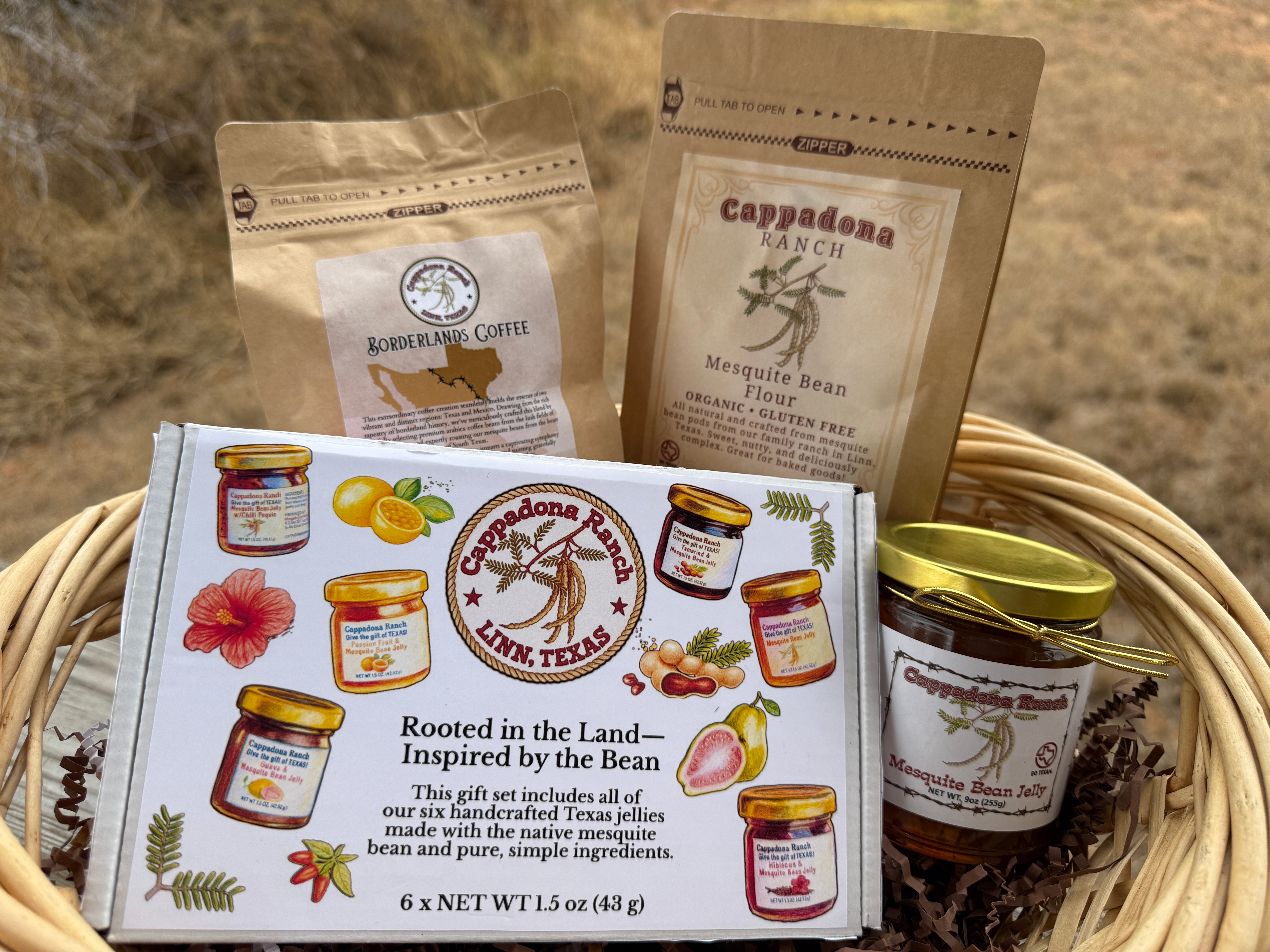 Best of Cappadona Ranch collection featuring Borderlands Coffee, Mesquite Bean Flour, and handcrafted Texas mesquite jellies.