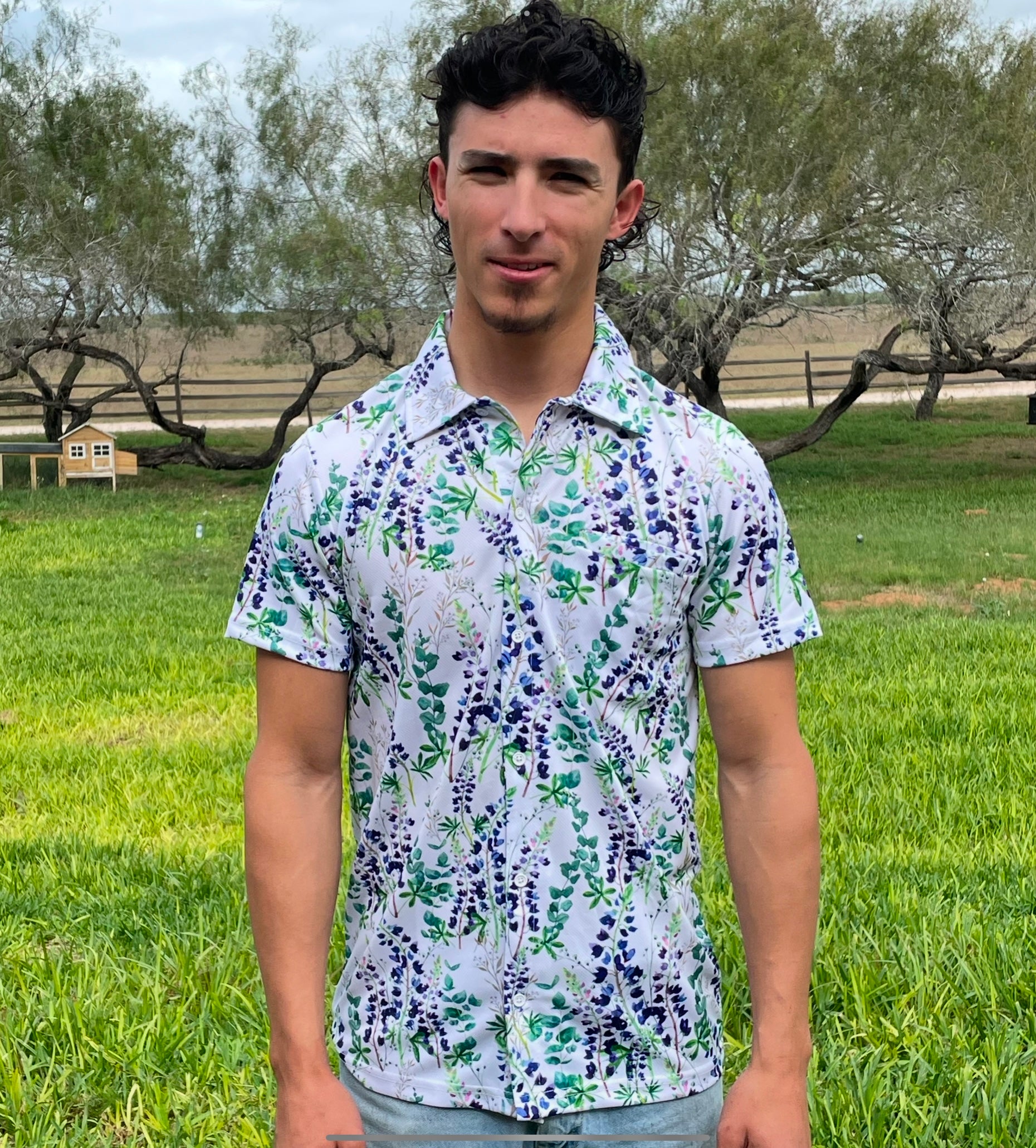 “Texas Bluebonnets” - Full Button Down Performance Shirt