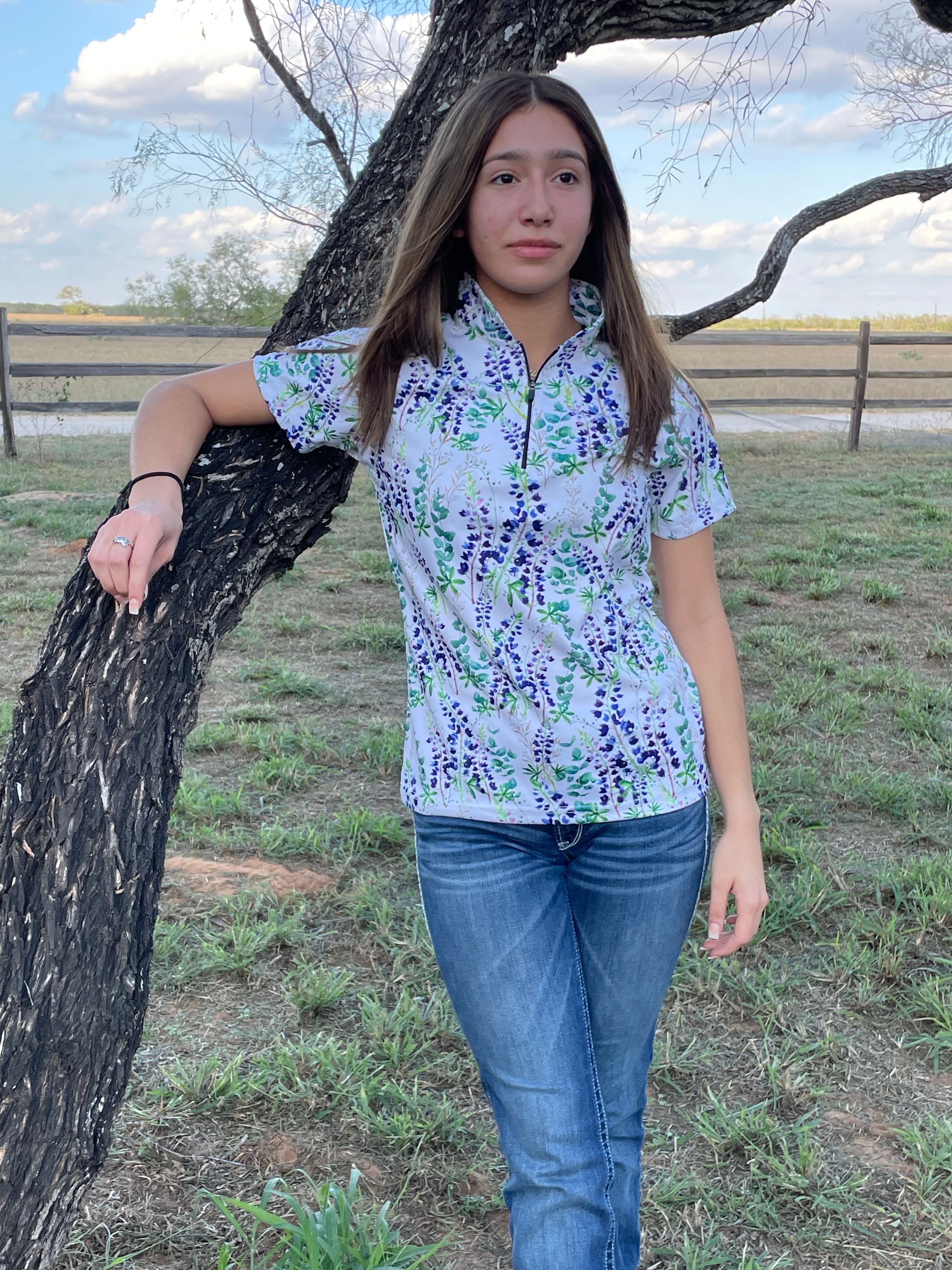 "TEXAS BLUEBONNETS"- WOMAN'S POLO WITH ZIPPER