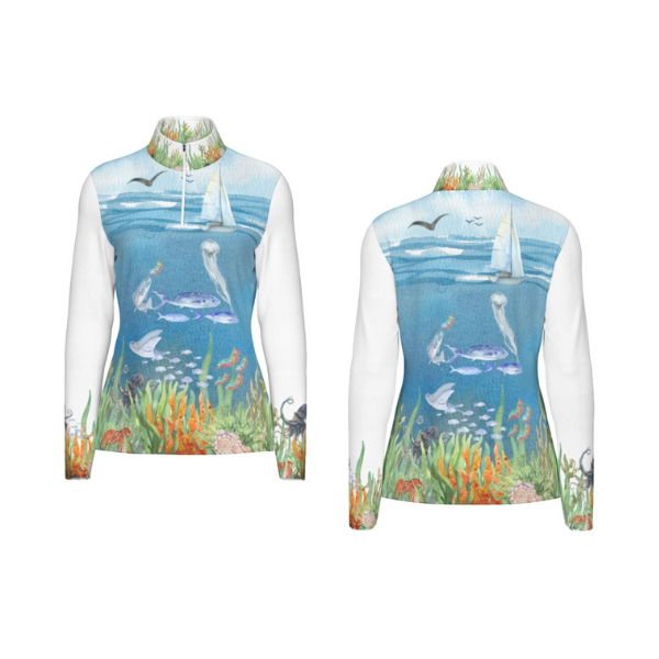 "GULF REFLECTIONS"- Women's Long Sleeve Sports Collar Jersey w/Zipper
