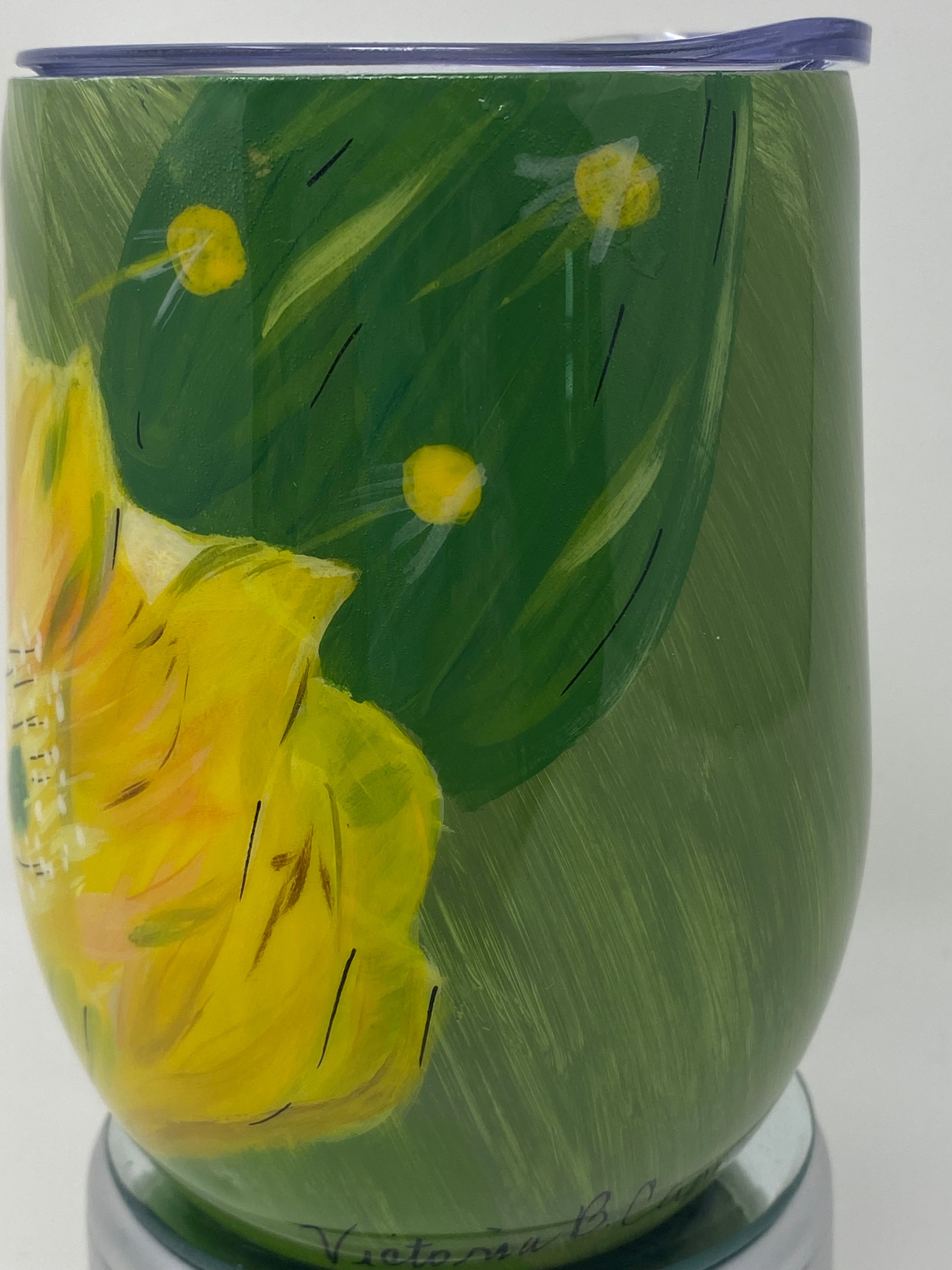 Hand Painted Yellow Cactus Blossom With Bee Wine Tumbler 12 oz.